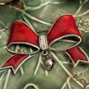 Enamel Christmas bow brooch w/tiny rhinestones & bell 2 1/2” x 1 1/2” Signed AS